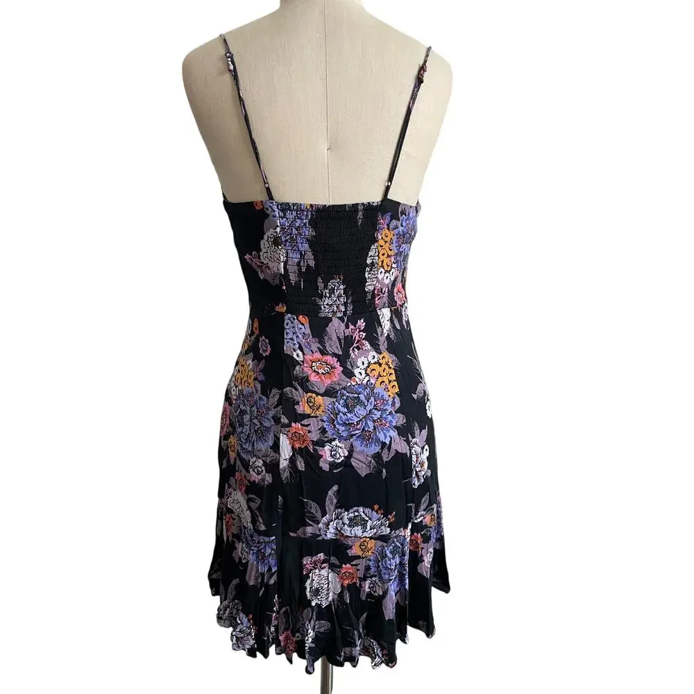 Free People Happy Heart Floral Mini Dress Black Smocked Tie Front Small